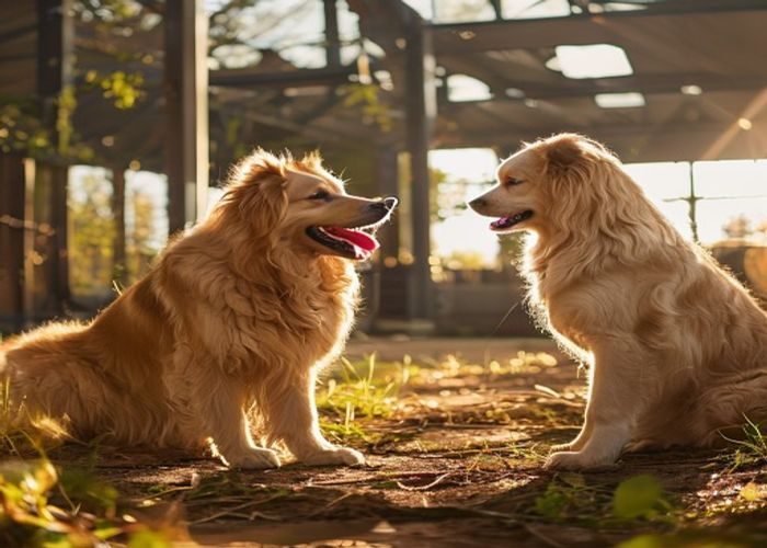 专业训犬师在宽敞明亮的户外训练场对一只活泼的金毛母犬进行调教训练，阳光明媚、氛围温馨专业