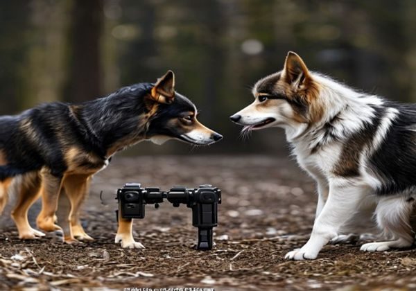 手持响片对黑白边牧母犬进行精准调教训练，母犬做出完美坐姿动作等待奖励，训练场地干净整洁