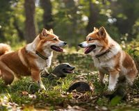 柴犬母犬在社区公园接受社会化训练，与其他狗狗友好互动，调教成效显著