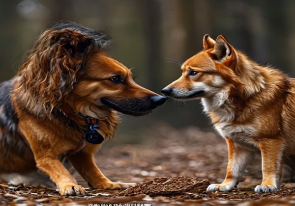 训犬师手持零食对一只棕色母犬进行正向强化调教训练，母犬专注望向主人眼神充满信任感