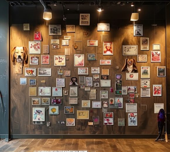 调教母狗训练中心发展历程展示墙，陈列着历年荣誉证书、学员合影与品牌里程碑，记录着品牌从创立到壮大的每一步足迹