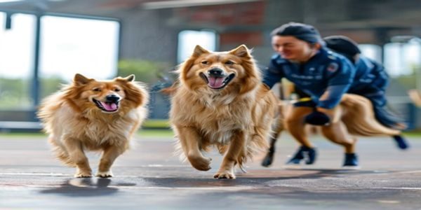 金毛母犬在专业训练场完成高难度调教动作，训练师在旁指导，画面温暖充满成就感